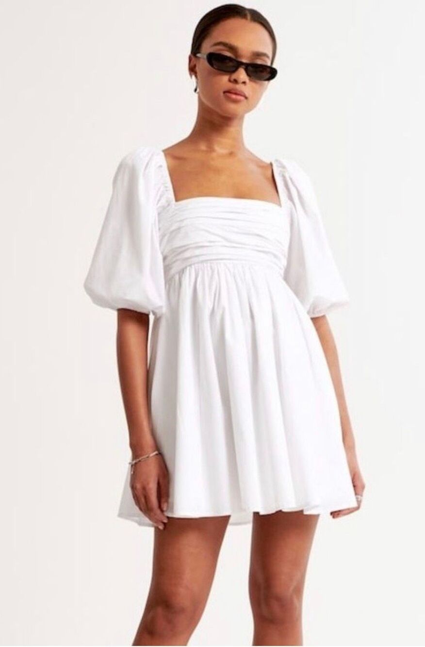 Abercrombie & Fitch White Emerson Poplin Puff Sleeve Pleated Mini Dress Sz XXSP